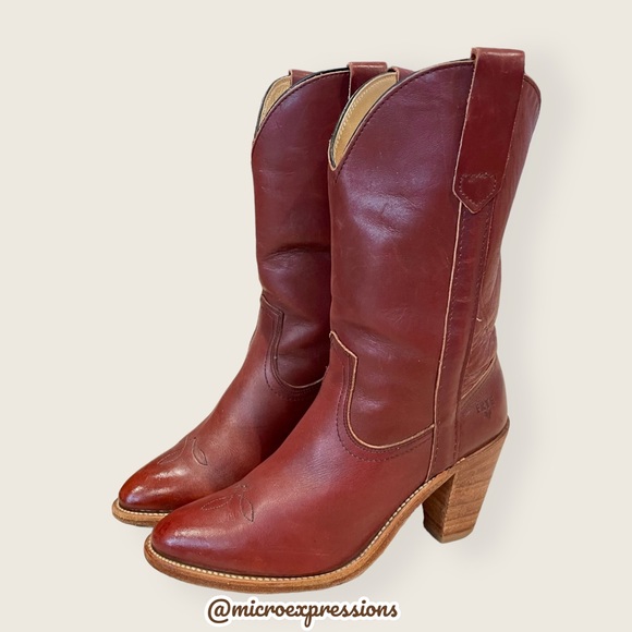 1990’s Frye Vintage Leather Pull On Red Cognac Heeled Cowboy Western Cute Bootie - Picture 7 of 13